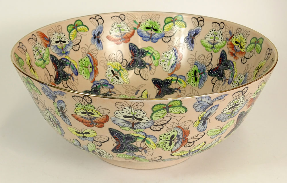 Modern Chinese Style Neiman Marcus Punch Bowl. Decorated Throughout with Multicolored Butterfly Motif.