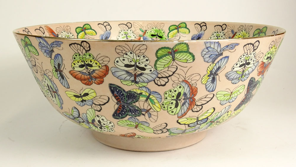 Modern Chinese Style Neiman Marcus Punch Bowl. Decorated Throughout with Multicolored Butterfly Motif.