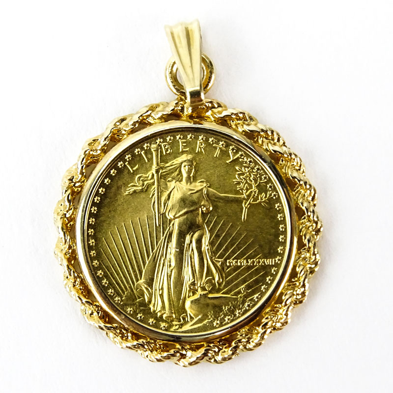 US Standing Liberty $5 Gold Coin Pendant with 14 Karat Yellow Gold Bezel.