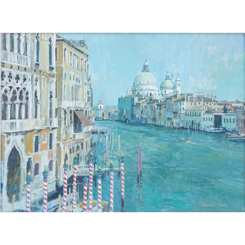 Richard P. Cook, British RBA (20th Century) Oil on Canvas "Grand Canal and Salute, Venice".