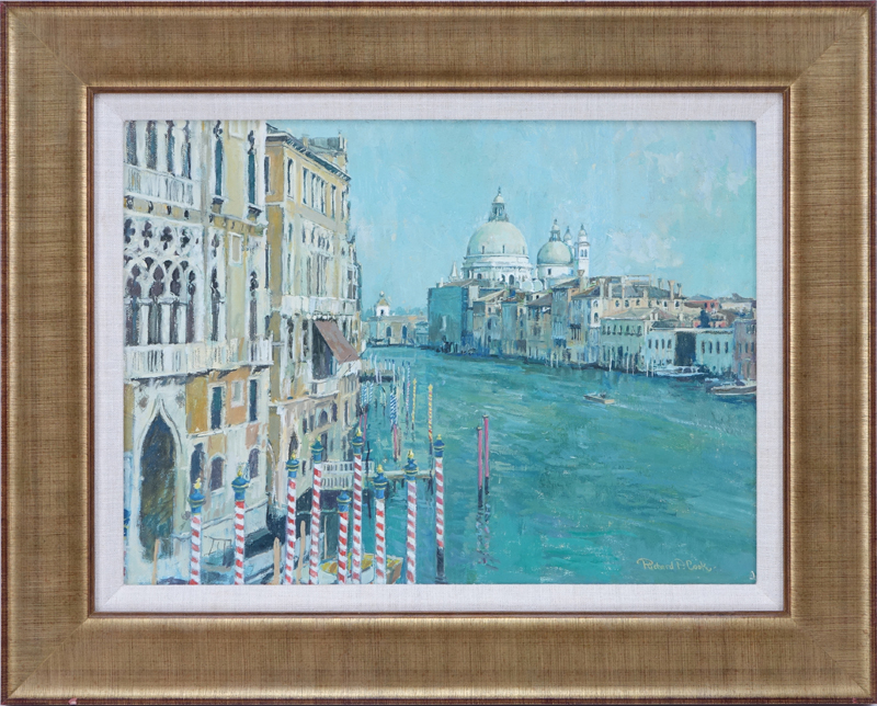 Richard P. Cook, British RBA (20th Century) Oil on Canvas "Grand Canal and Salute, Venice".