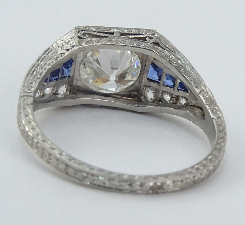 Art Deco Approx. .90 Carat Old European Cut Diamond, Sapphire and Diamond Ring. 