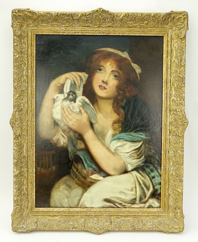 In The Style of Jean Baptiste Greuze, French (1725-1805) Oil on canvas "Girl With Doves" Unsigned. 