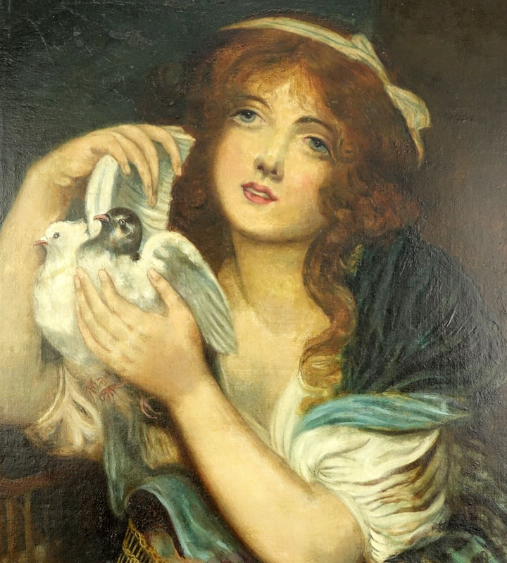 In The Style of Jean Baptiste Greuze, French (1725-1805) Oil on canvas "Girl With Doves" Unsigned. 