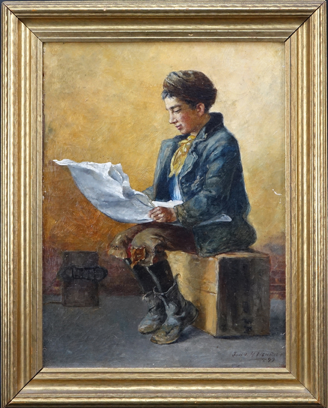 John Henrici, American  (1863 - 1958) Oil on canvas "Shoe Shine Boy". 