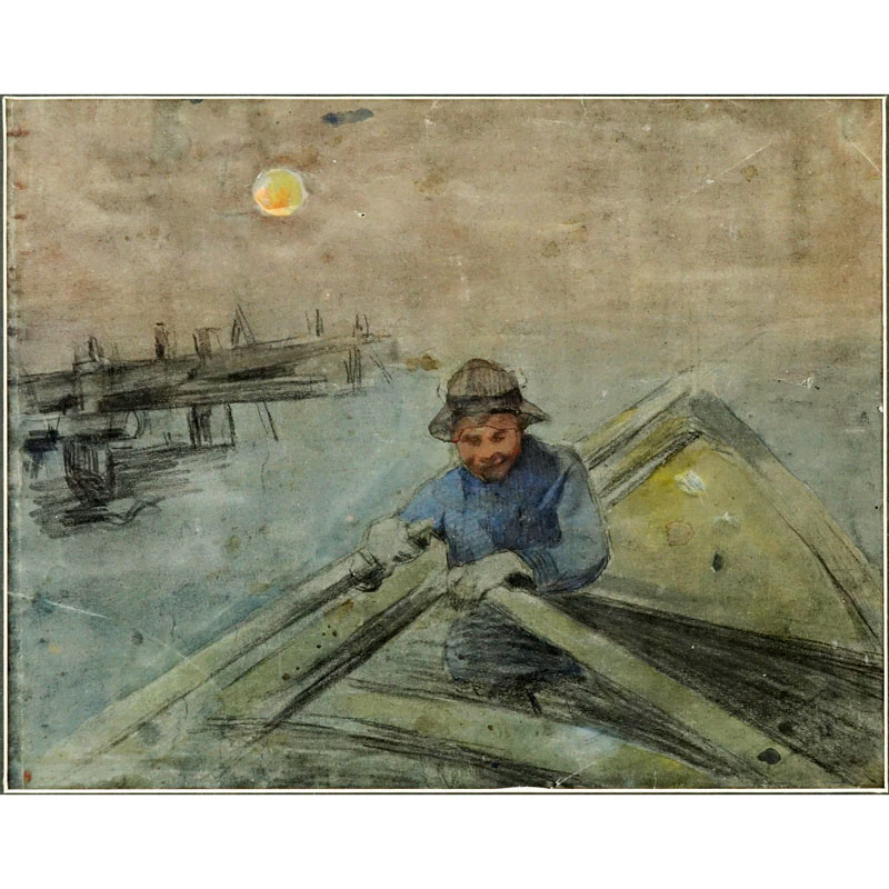 In the style of: Winslow Homer, American (1836-1910) Double sided watercolor and gouache on paper "Fisherman At Night", "Night On The Water". 