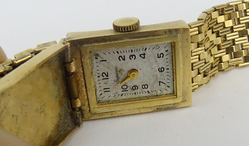 Victorian style Geneva 14 Karat Yellow Gold Bracelet Watch. Signed, stamped 14KT. 