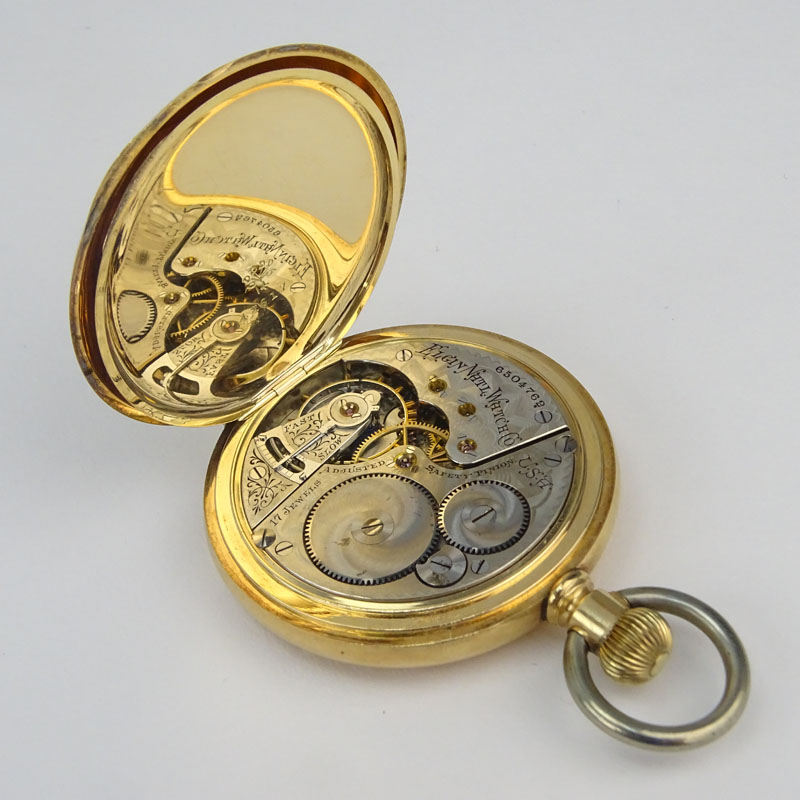 Antique Elgin 14 Karat Yellow Gold Pocket Watch with Monograms, white metal chain ring. 