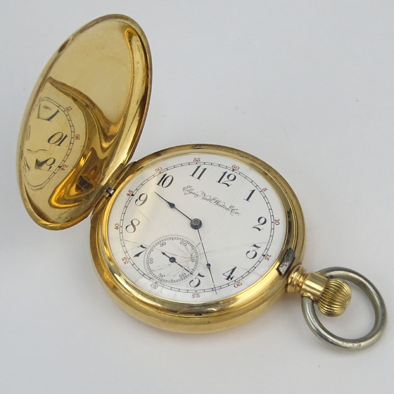 Antique Elgin 14 Karat Yellow Gold Pocket Watch with Monograms, white metal chain ring. 