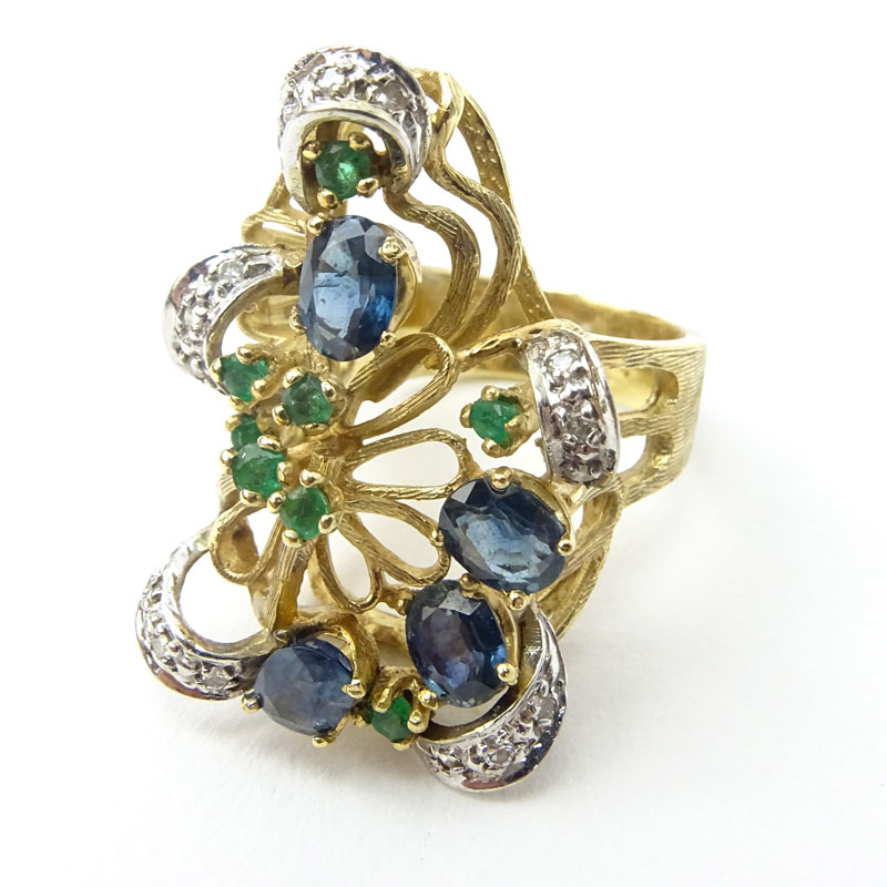 Vintage 14 Karat Yellow Gold Ring with Sapphires, Emeralds and Diamonds. 