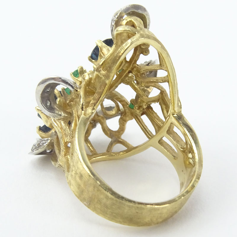 Vintage 14 Karat Yellow Gold Ring with Sapphires, Emeralds and Diamonds. 