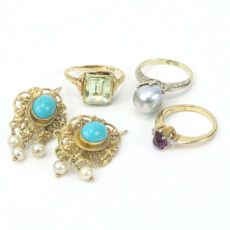 Collection of Four (4) Vintage Rings Including Amethyst, Diamond and 18 Karat Yellow Gold; Aquamarine and 10 Karat Yellow Gold; Pearl and 14 Karat Yellow Gold and a pair of 14 Karat Yellow Gold, Turquoise and Pearl Earrings. 