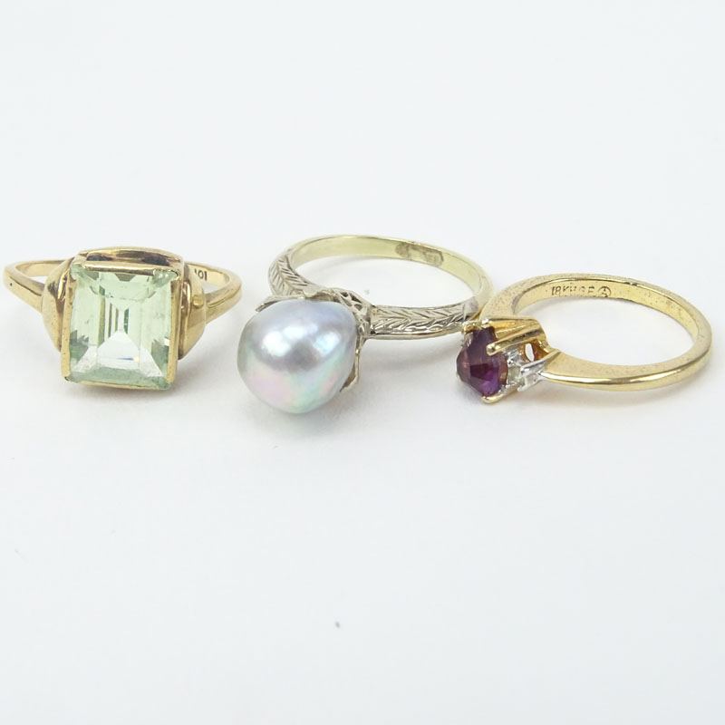Collection of Four (4) Vintage Rings Including Amethyst, Diamond and 18 Karat Yellow Gold; Aquamarine and 10 Karat Yellow Gold; Pearl and 14 Karat Yellow Gold and a pair of 14 Karat Yellow Gold, Turquoise and Pearl Earrings. 