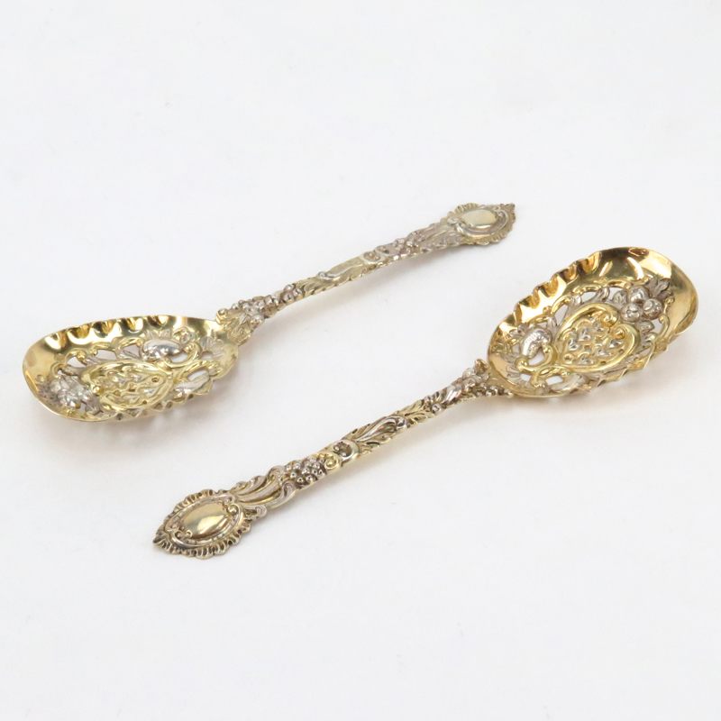 Pair Late 19th Century English Silver Pierced Serving Spoons.
