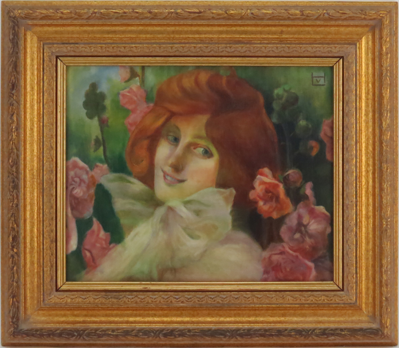 Attributed to: Ludwig von Hofmann, German (1861-1945) Oil on Artist Board, Girl with Flowers. 