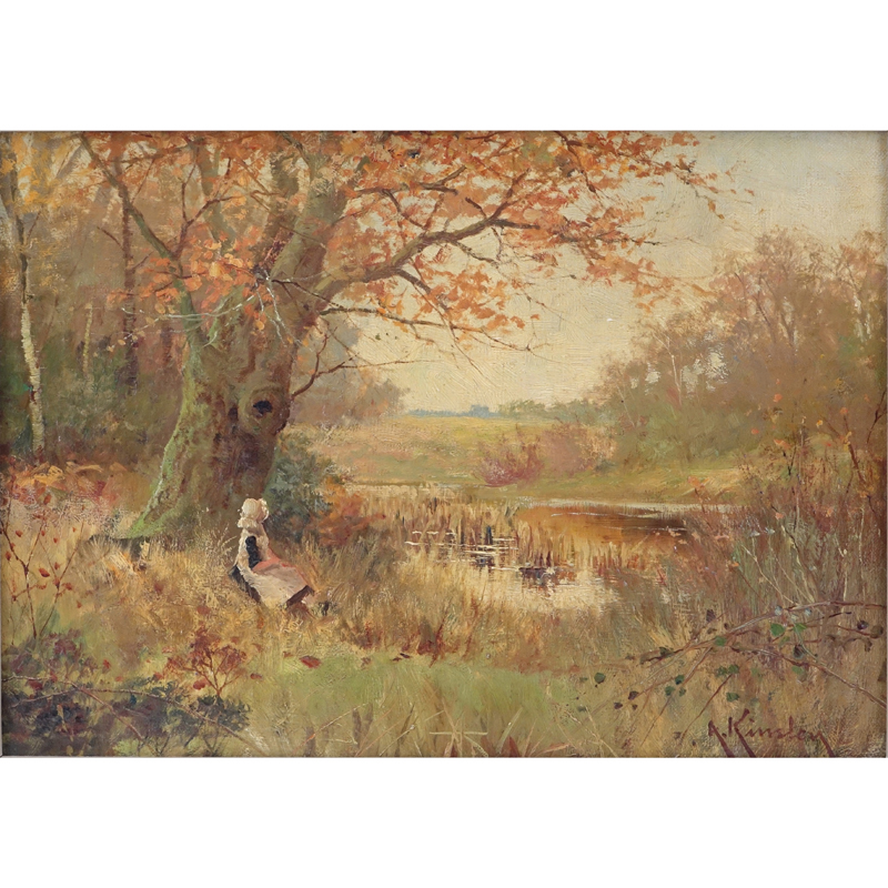 Albert Kinsley, British (1852 - 1945) Oil on canvas "Girl In English Landscape". 