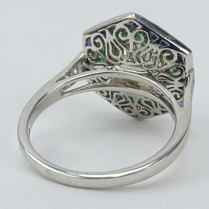 Approx. 1.50 Carat Old European Cut Diamond, 1.40 Carat Sapphire, .85 Carat Emerald and Platinum Ring. .
