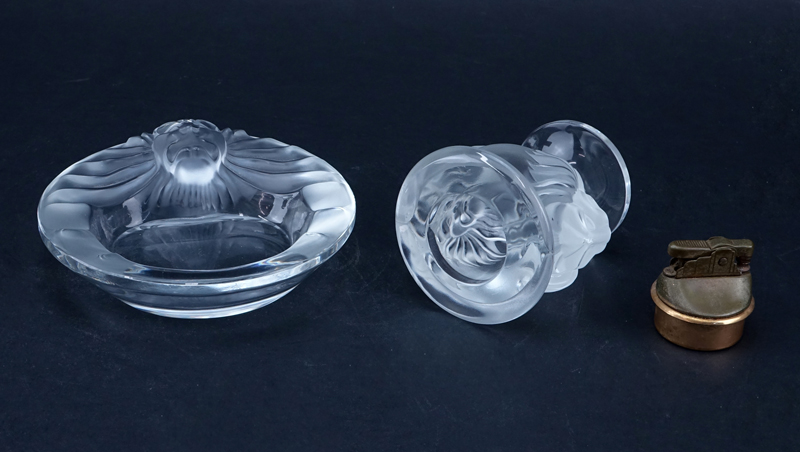 Two (2) Piece Lalique "Tete De Lion" Crystal Smoking Set.