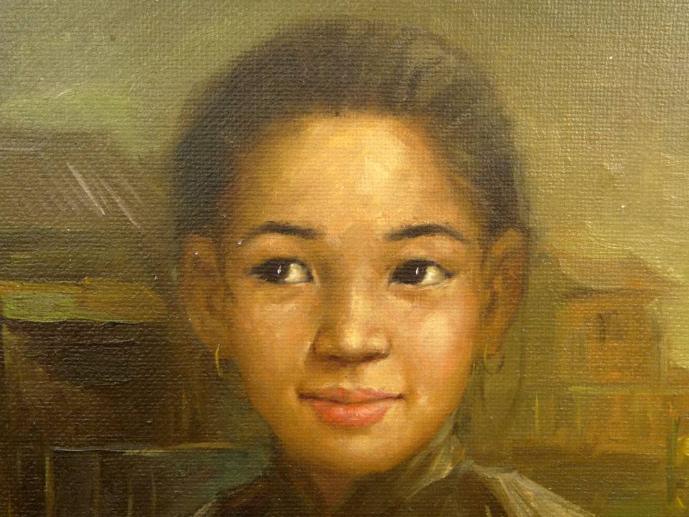 Mid 20th Century Possibly Chinese Oil on Canvas "Young Girl with Small Boats and Waterfront Buildings". 