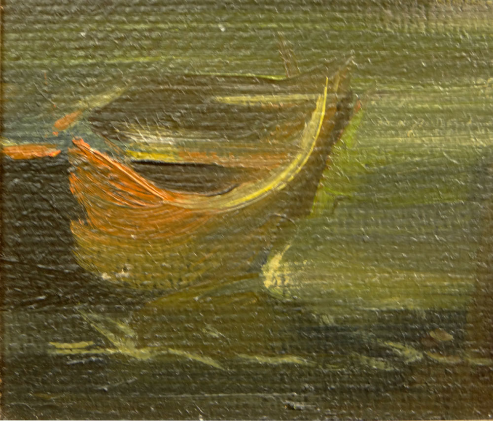 Mid 20th Century Possibly Chinese Oil on Canvas "Young Girl with Small Boats and Waterfront Buildings". 