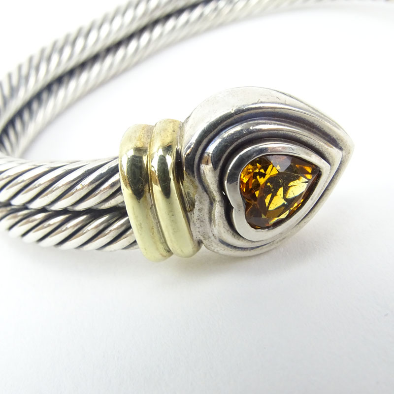 Vintage David Yurman Heart Shape Citrine, 14 Karat Yellow Gold and Sterling Silver Double Cable Cuff Bangle.