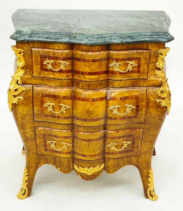 Pair of Mid 20th Century Regence Style Gilt Bronze Mounted Burl Walnut Marble Top Commodes en Tombeau.