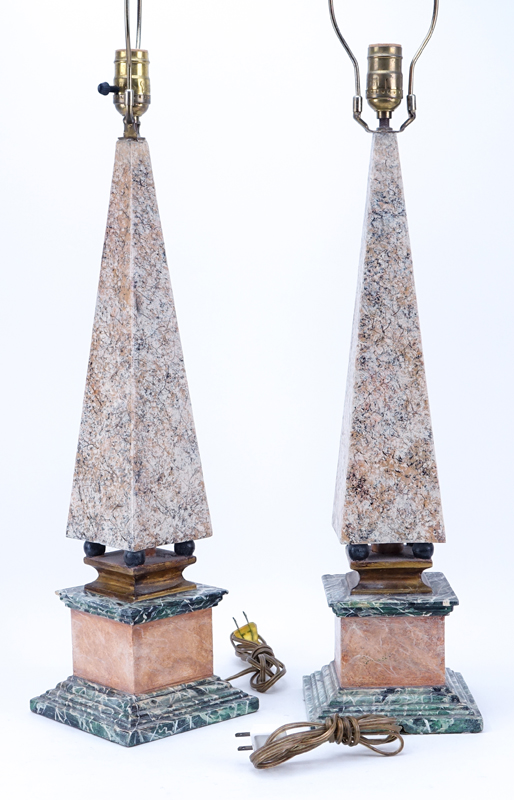 Pair of Neoclassical Style Polychrome Faux Marble Obelisk Form Lamps.
