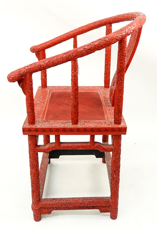 Late 19th or Early 20th Century Chinese Cinnabar Lacquer Chair with Horseshoe Back.