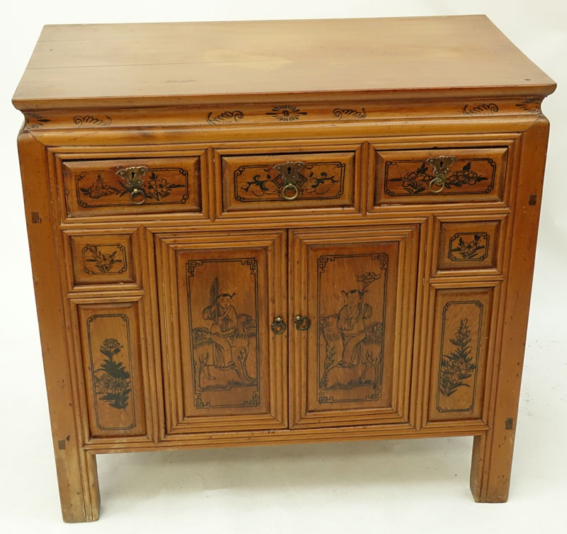 Circa 1900 Chinese Cypress Wood Commode with Three (3) Drawers, Two (2) Doors, Painted Decoration to Front.