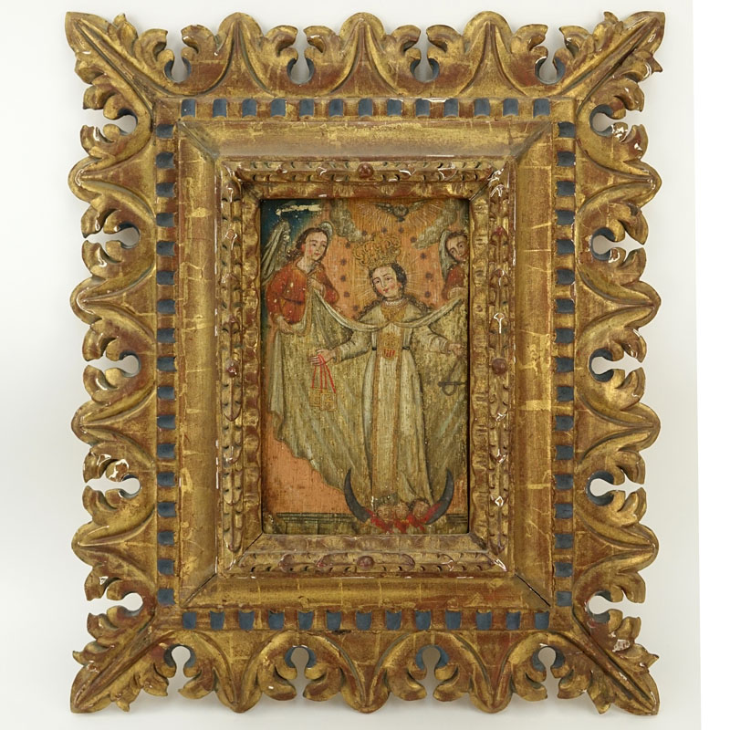 19th Century South American Icon Painted on Wood Panel "Ascension of Mary" in a Carved Gilt Wood Baroque style Frame. 