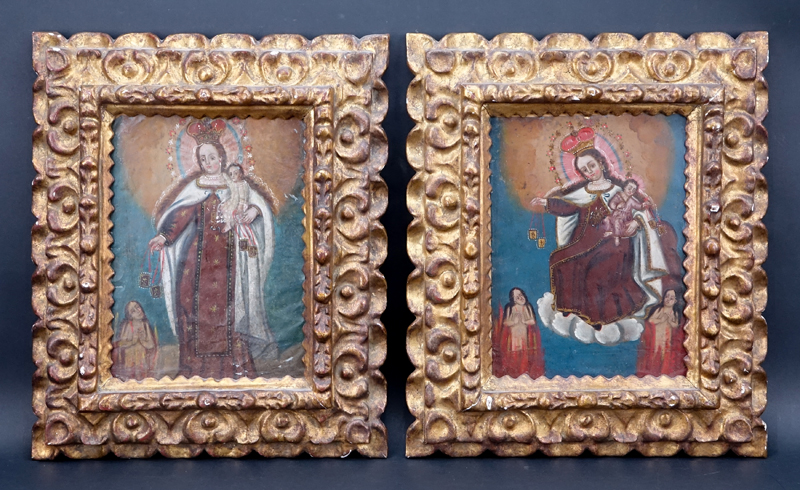 Pair of 19th Century Peruvian "Mary with Child" Icons Painted on Tin in Gilt Wood Frames. 
