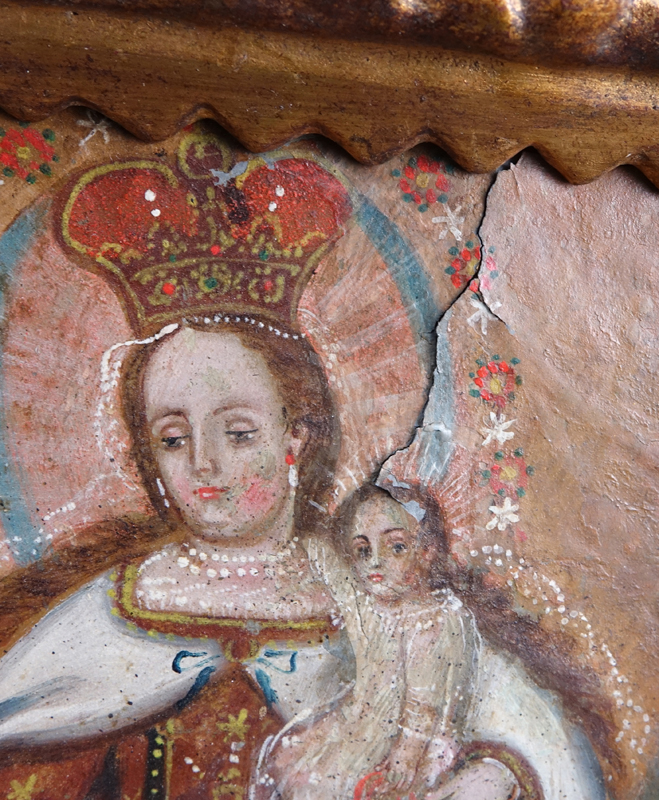 Pair of 19th Century Peruvian "Mary with Child" Icons Painted on Tin in Gilt Wood Frames. 