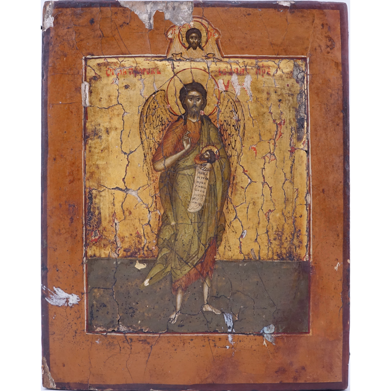 19/20th Century Russian Icon of Saint John the Baptist, Gold Leaf and Painted on Wood Panel.