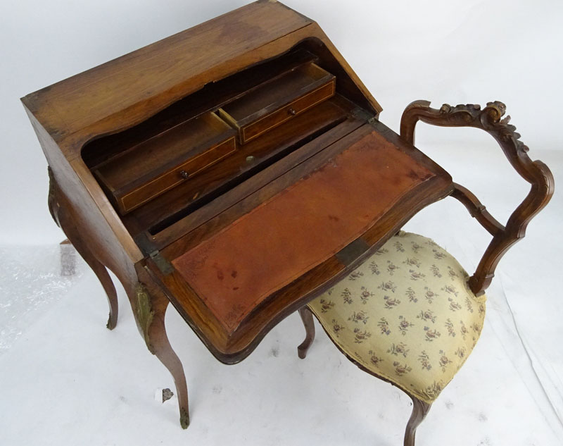 Early 20th Century Louis XV style Bronze Mounted Marquetry Inlaid Rosewood Lady's Writing Desk, Bonheur de Jour together with an antique carved Louis XV style chair. 