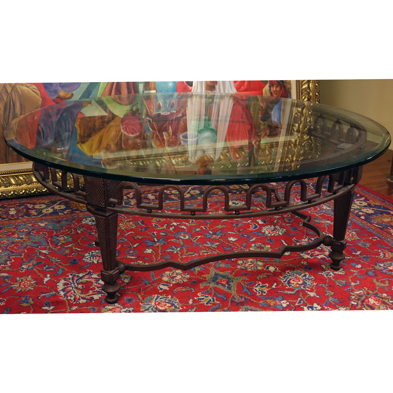 Neoclassical Style Cast Iron Coffee Table with Beveled Glass Top. Rubbing to iron.