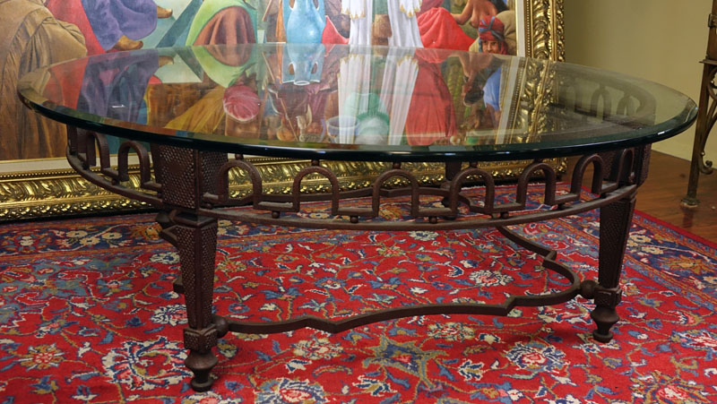 Neoclassical Style Cast Iron Coffee Table with Beveled Glass Top. Rubbing to iron.