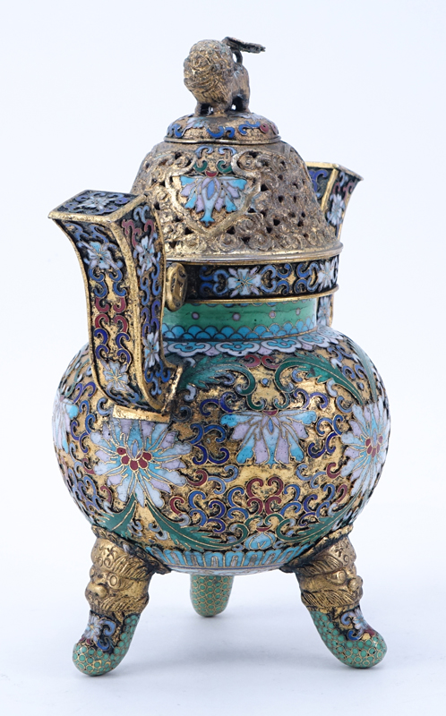 Chinese Cloisonné Enamel Part-Gilt Metal Covered Censer with Foo Dog Finial.