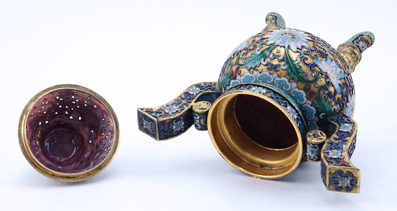 Chinese Cloisonné Enamel Part-Gilt Metal Covered Censer with Foo Dog Finial.