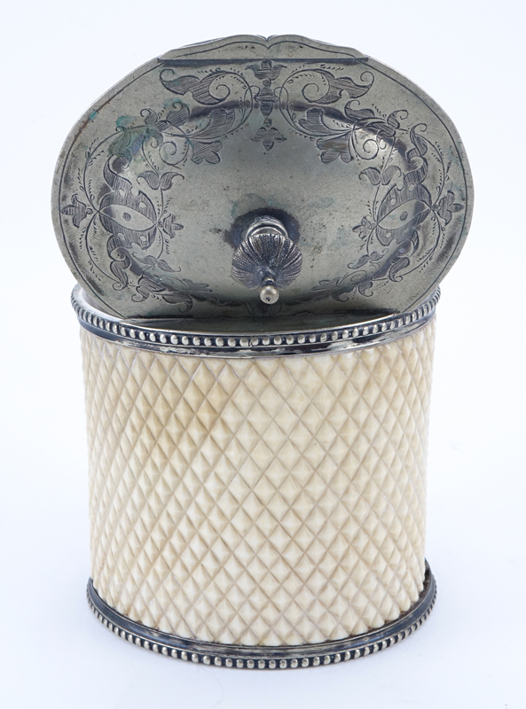 Victorian Silver Plate and Ivory Tea Caddy on Wooden Base.