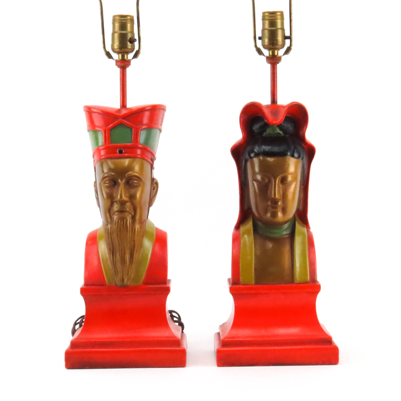 Pair of Earle Chapman Mid-Century Hollywood Regency Style Chinese Emperor and Empress Lamps With Original Silk Shades.