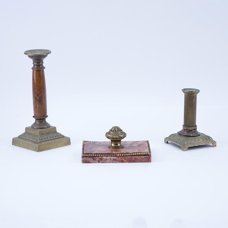 19th Century Bronze and Marble Candlestick, 19th Century Bronze and Brass Candlestick and 19/20th Century French Bronze Mounted Marble Paper Weight. 