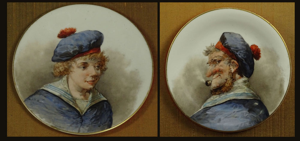 Pair of Early 20th Century Hand Painted Porcelain Plates in Shadow Box Frames "Sailorman" and "Son of a Sailorman". 