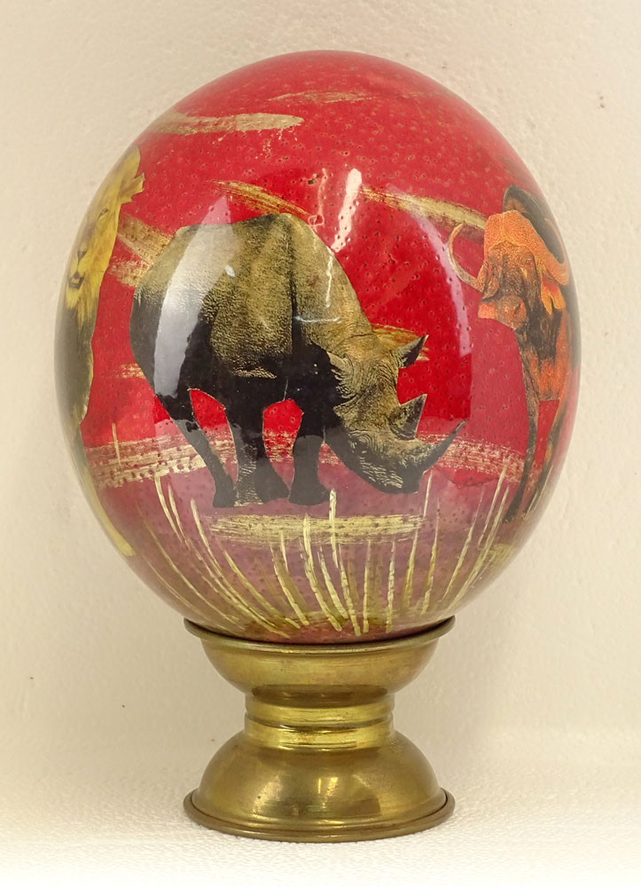 Painted and Decoupage Ostrich Egg with Brass Stand.