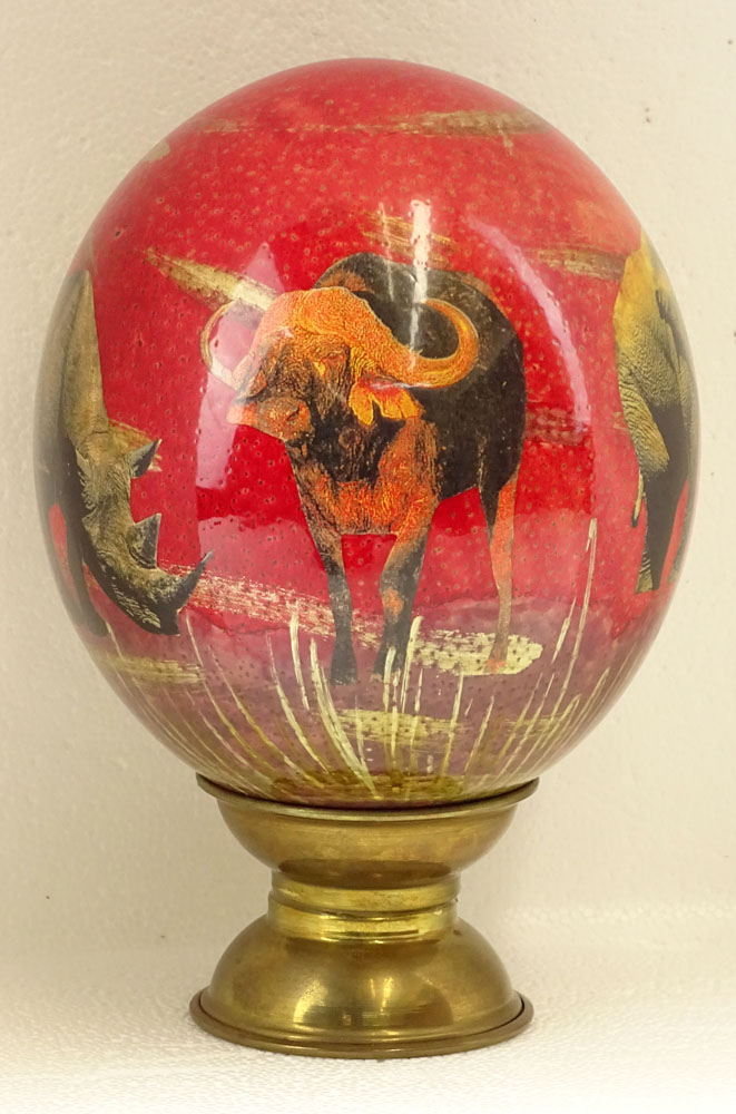 Painted and Decoupage Ostrich Egg with Brass Stand.