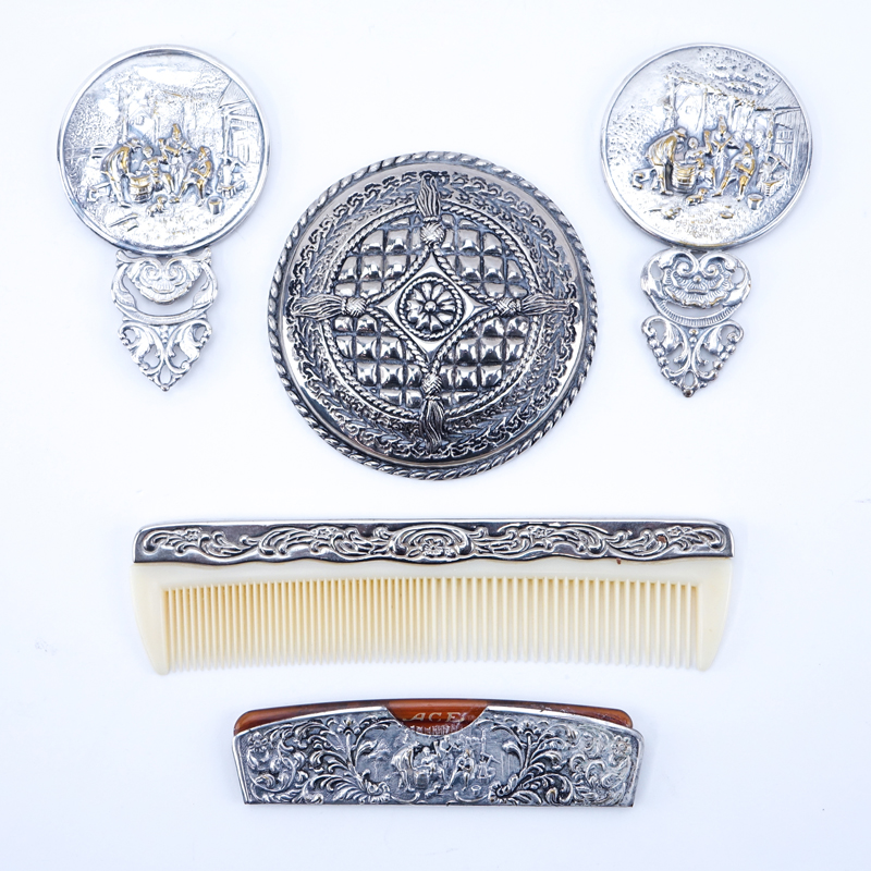 Collection of Five (5) Repousse Silver Plated Vanity Items.