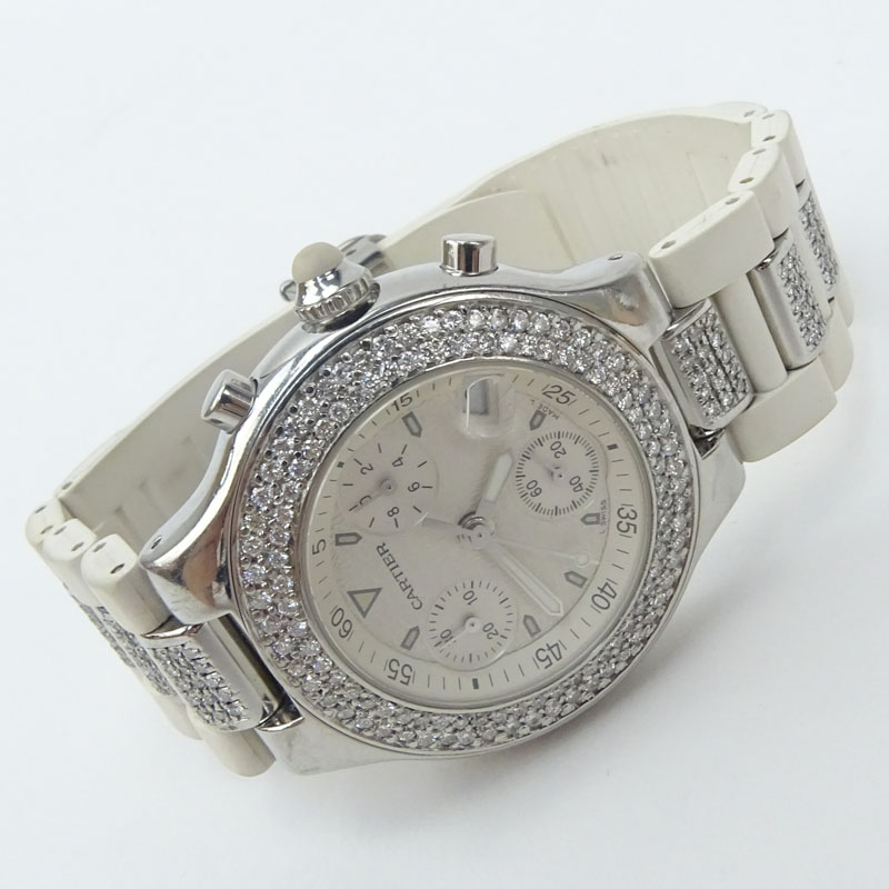 Vintage Cartier 21 Chronoscaph Stainless Steel Watch with Rubber Strap and After Market Diamond Accents, Quartz Movement. 