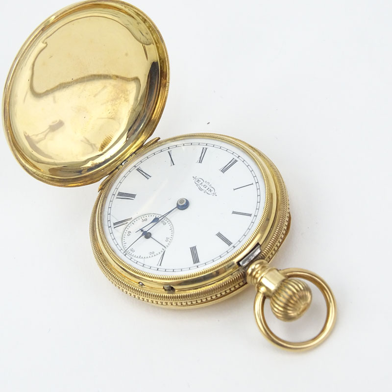 Antique Elgin 14 Karat Yellow Gold Engraved Pocket Watch.