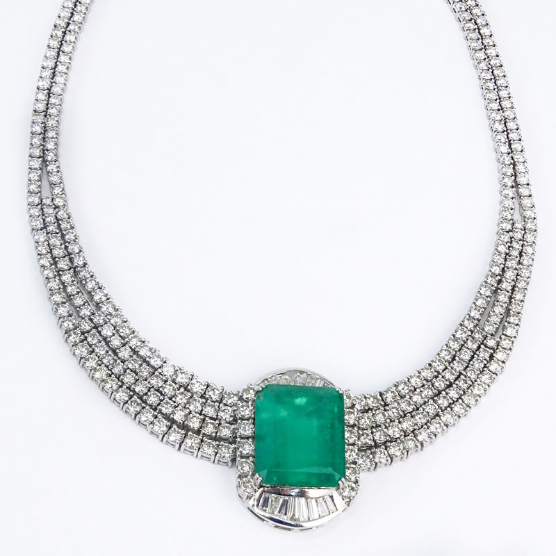 Important Vintage Approx. 40.0 Carat Colombian Emerald, 40.0 Carat Round Brilliant and Tapered Baguette Cut Diamond and 18 Karat White Gold Necklace.