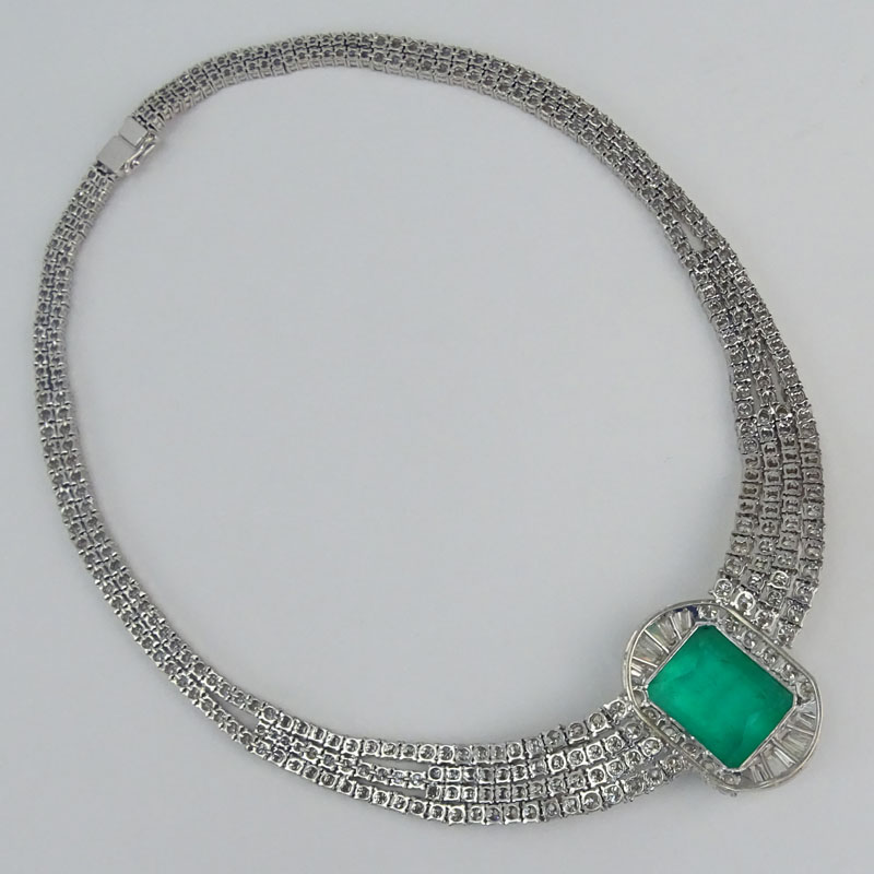 Important Vintage Approx. 40.0 Carat Colombian Emerald, 40.0 Carat Round Brilliant and Tapered Baguette Cut Diamond and 18 Karat White Gold Necklace.