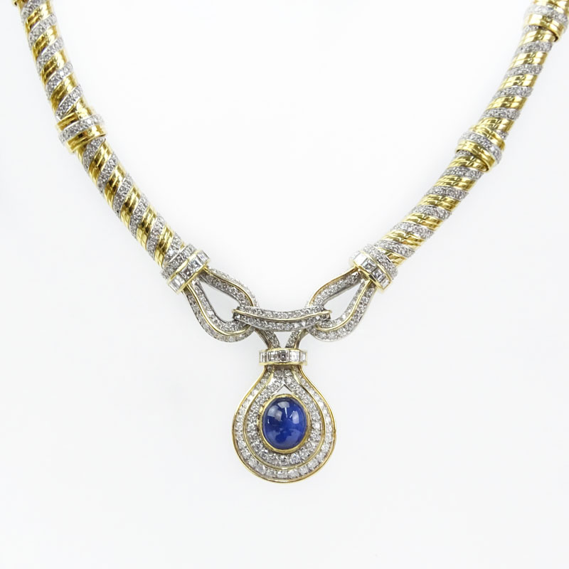 Vintage Approx. 17.0 Carat Round Brilliant and Princess Cut Diamond, Cabochon Sapphire and Heavy 18 Karat Yellow Gold Pendant Necklace. 